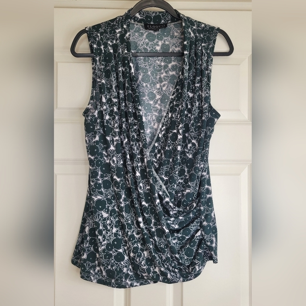 Eloquii Green, Black, and White Floral Print Sleeveless Wrap Blouse - Size 14/16